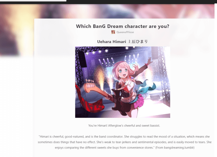 Soooo, I took a quiz about bandori girls for the first time and guess what.... IM MY FAVORITE...