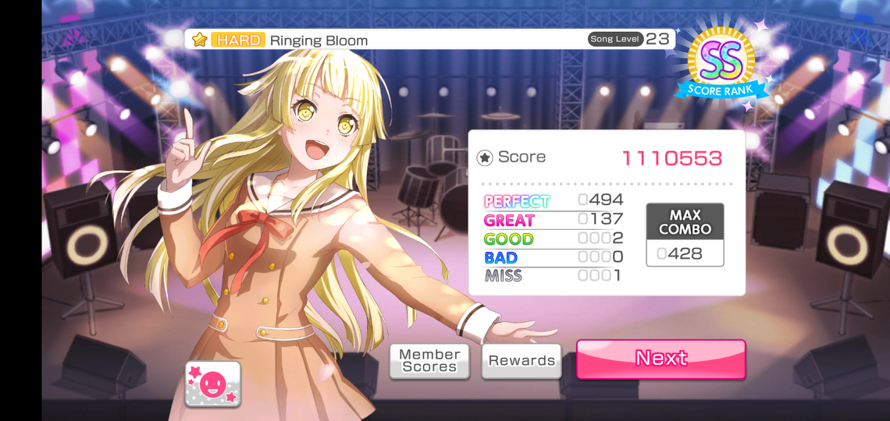 
    I think this is the closest I've gotten to FCing Ringing Bloom on Hard.

This is the only...