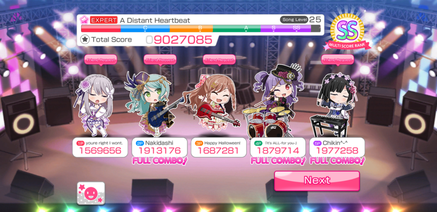 I somehow managed to get into a multi live with a full Roselia band in the instrument order!