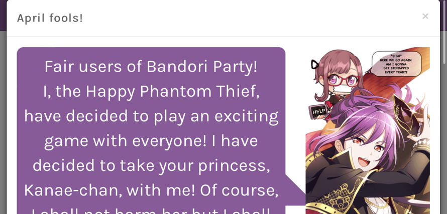 Aaaa tysmmm Bandori party for the April Fools , it really put a smile on my face ! :  