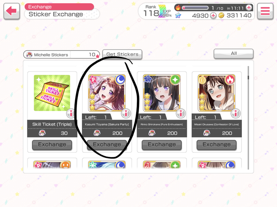Aight so basically I thought that Sakura blooming party kasumi would be in the Michelle sticker...