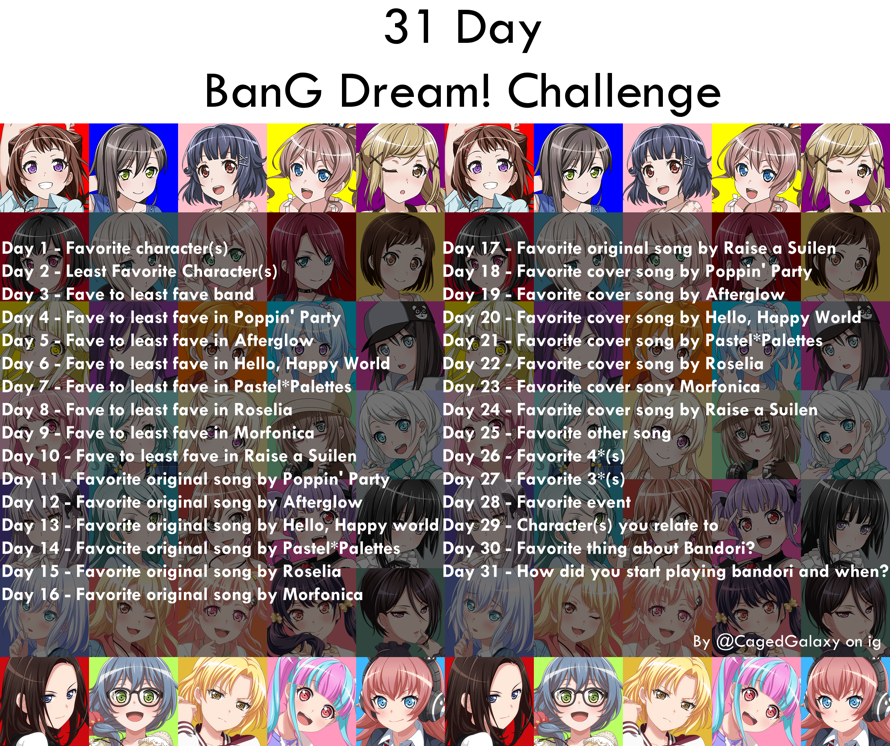 Day 3!!~ 

Fav to Least Fav Band

1. Morfonica 2. Hello Happy World 3. Poppin'Party 4. AfterGlow...