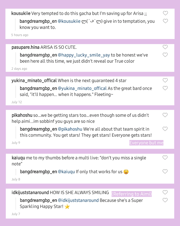 Ladies and gentlemen, I present to you, a compilation of instagram replies from Bandori's OFFICIAL...