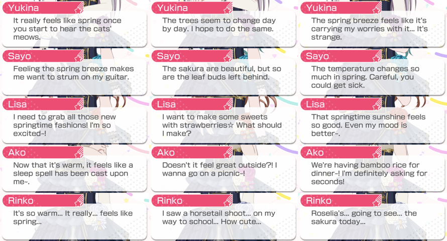 Been a while, but here's Roselia's 2nd Season Spring lines!

       Uh... 17 days since PasuPare's...