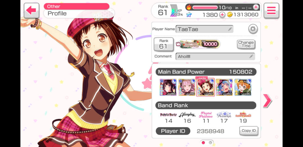 Hi my name is Julie. i've been playing bandori for about a month now. my favorite bands are roselia...