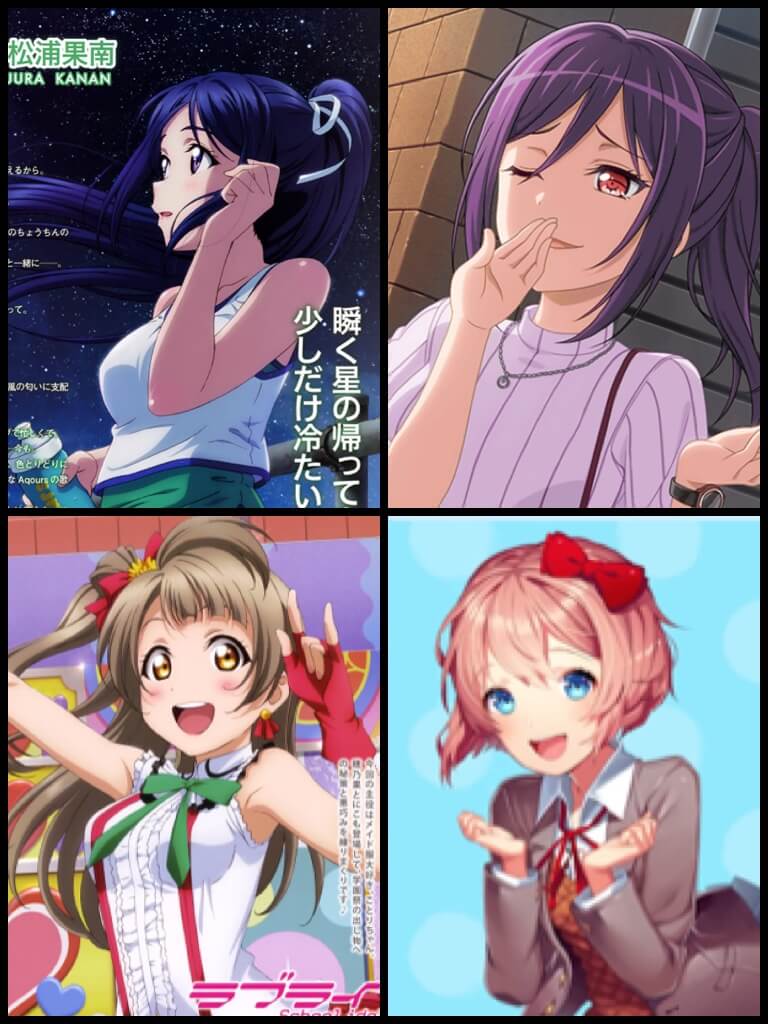 Ma Fave peeps! Kanan and Kotori from llsif, Kaoru from BanG Dream!, and Sayori from...ddlc.