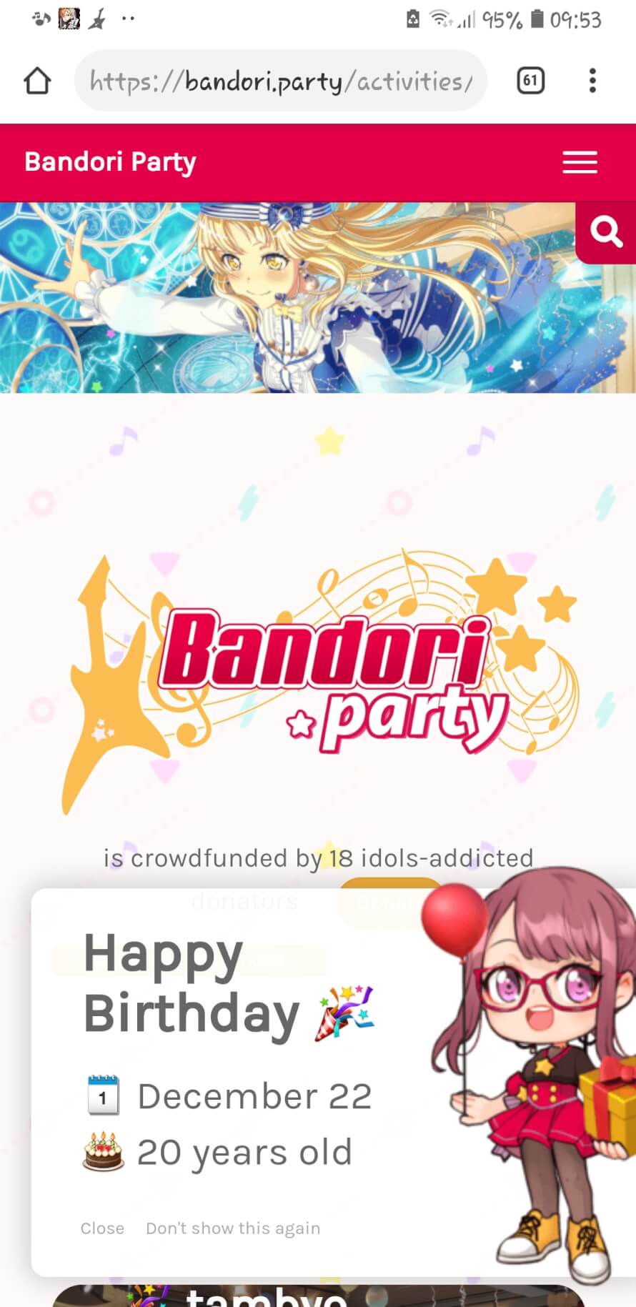 Hey it's my birthday and today I am officially 20 

Even Bandori Party has wished me happy...