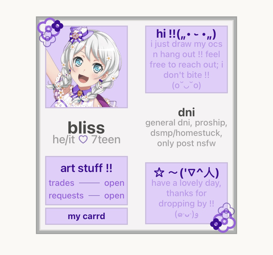 new toyhouse profile, eve themed :  


took me like 4 days of planning and around 6 hrs of coding...