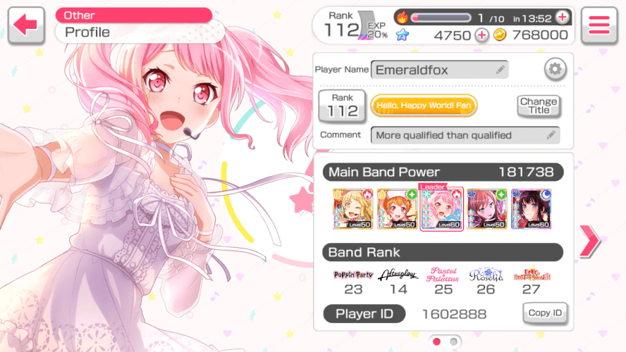 Hi I'm Emeraldfox, been playing Bandori since early June and it's fun. My personal favorites are...