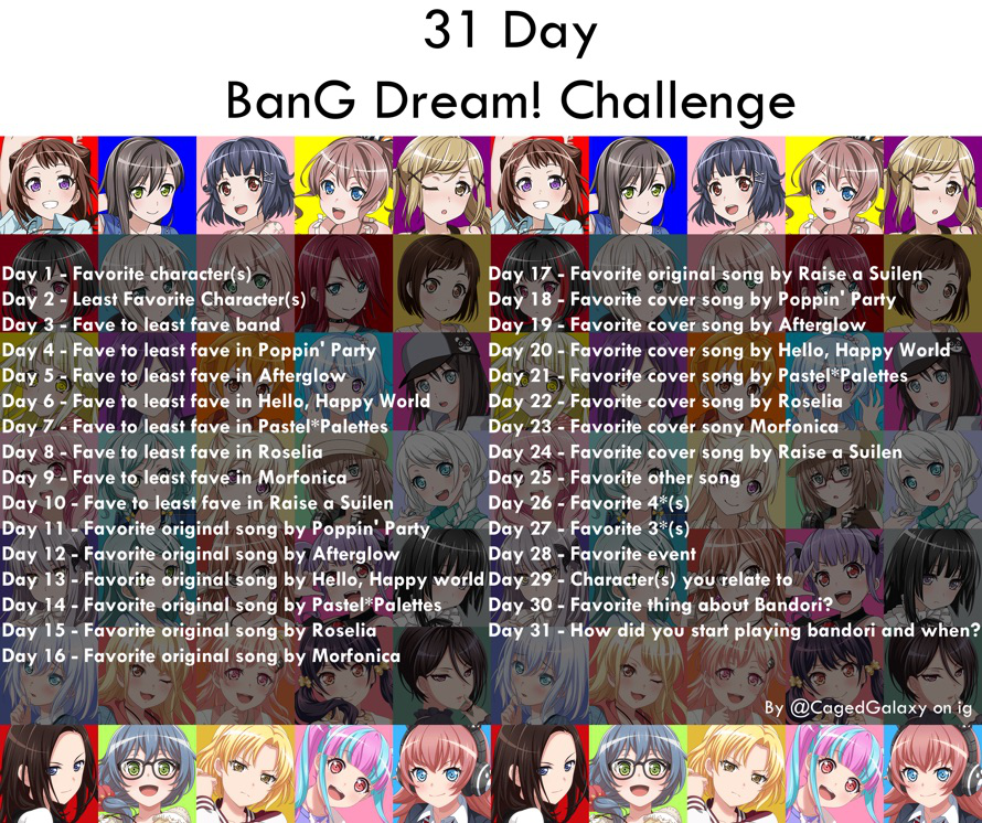 Day 3:
Hello, Happy World!   Raise A Suilen   Poppin Party   Pastel Palettes = Roselia   Afterglow...