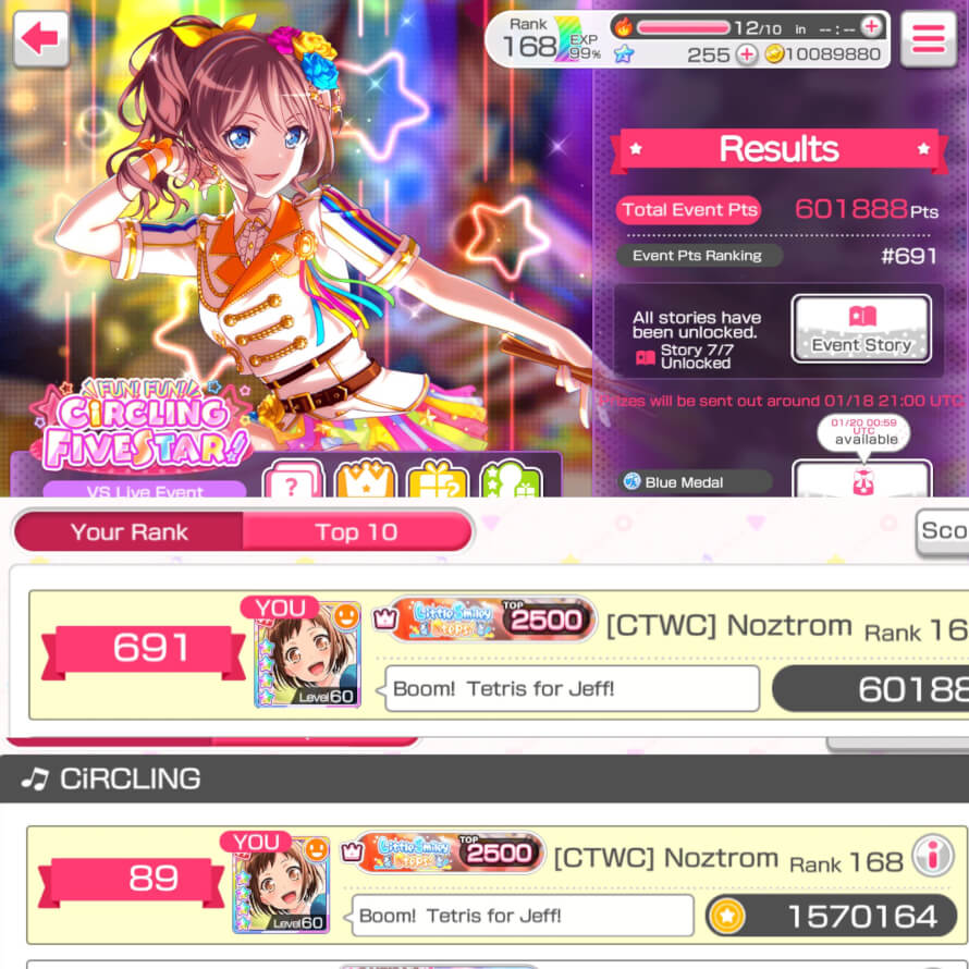 My first Top 1000 finish since Roselia’s Autumn Rain event.  And finished  89 on the song for my...