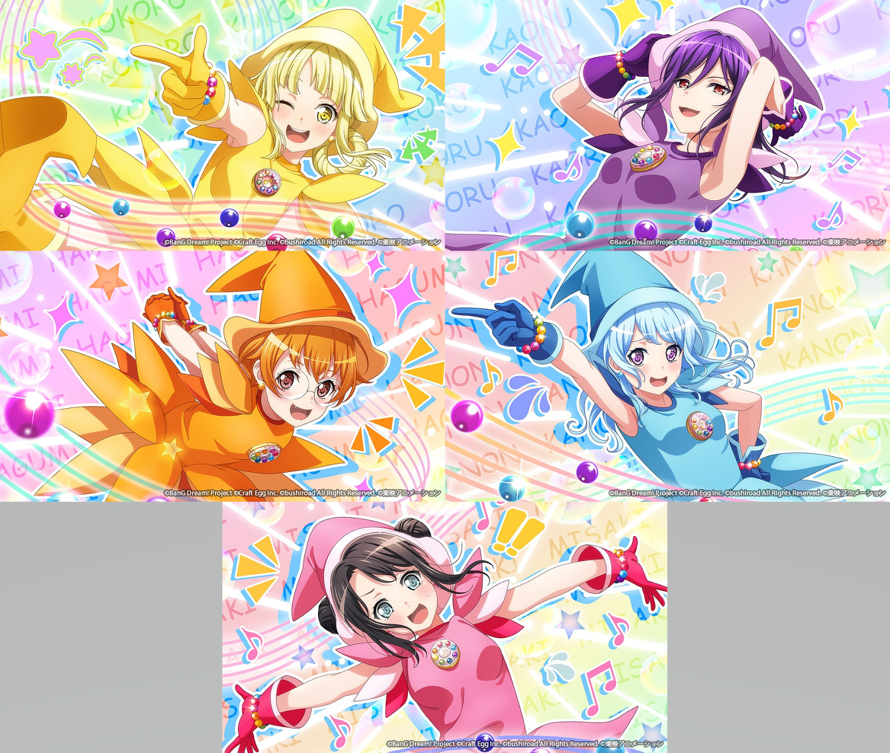 Untrained cards for the upcoming Hello, Happy World! collab with Ojamajo Dorremi!