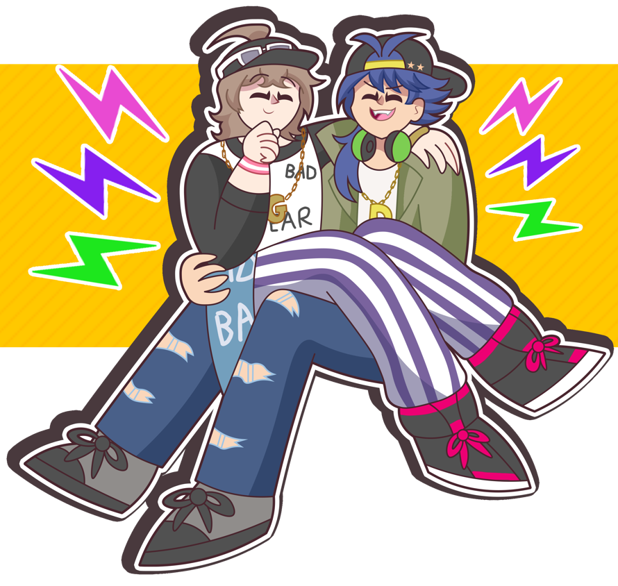 gentaro and dice  from hypnosis mic  in kaoru and hagumi's hip hop costumes :^ 

theyre...