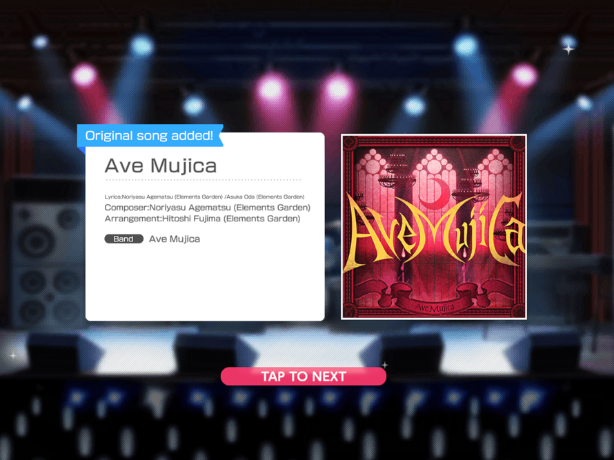 OMG YESSSS AVE MUJICA SONGS IN GAME 
TYYSM BANDORI FOR ADDING THE SONGS AVE MUJICA , KILL KISS AND...