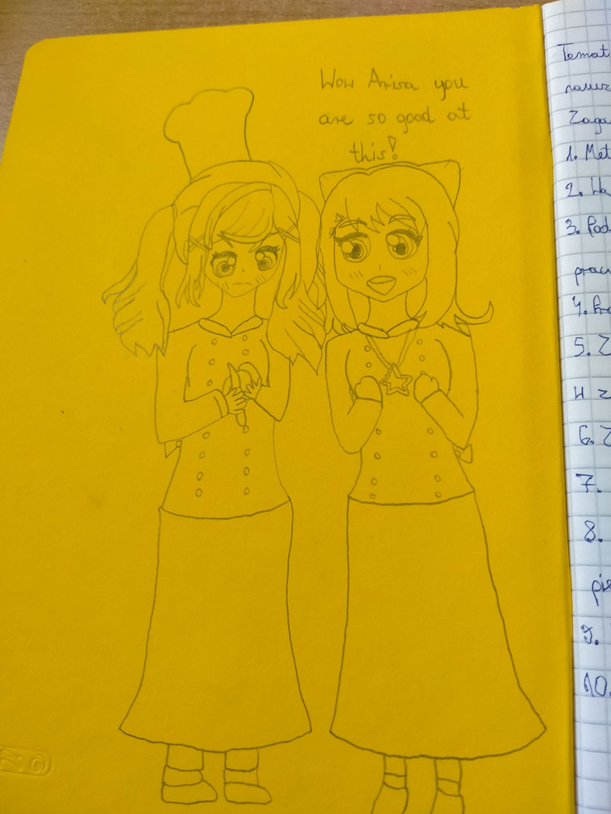 Hi! Here's what i drew at school today. They are wearing cooks clothes because i'm in cooking class...