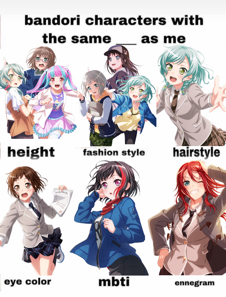 this seems like a fun trend!

explanations:

  i'm 5'3"  160 cm ; maya, sayo and pareo are a cm...