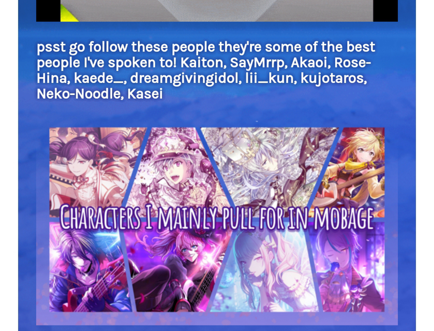 You want to look at the new bit i made for characters in my profile so badlyyy

~also crying rn...