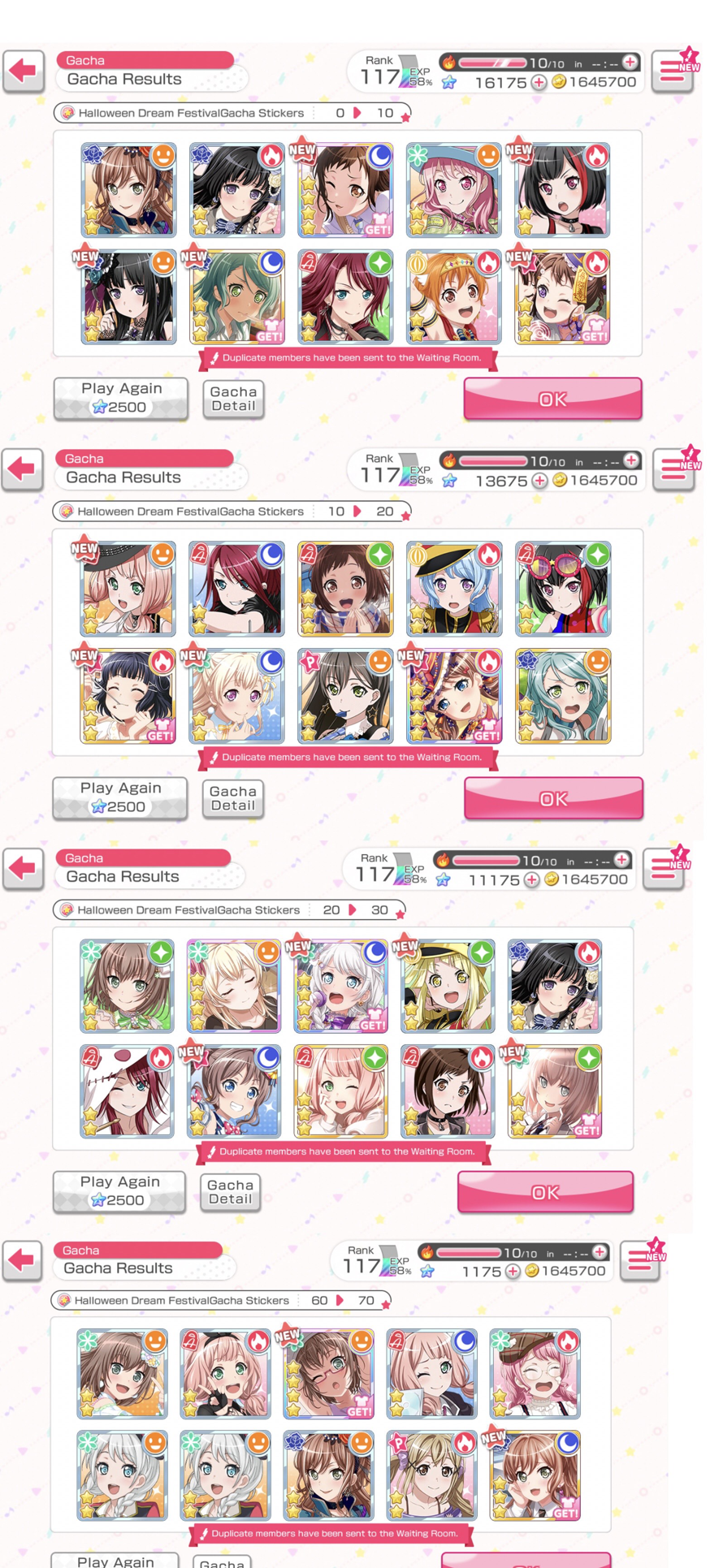 here are all my gacha with a 4 stars! in 7 gachas I had 4 new 4 stars and unfortunately a duplicate...