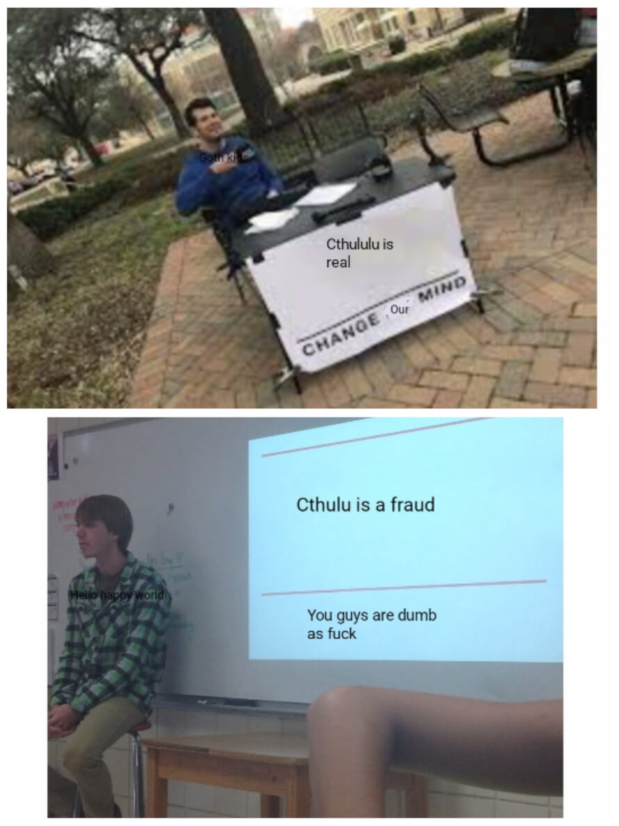 In sp/svtfoe/bandori
GOTH KIDS vs HELLO HAPPY WORLD BE LIKE
