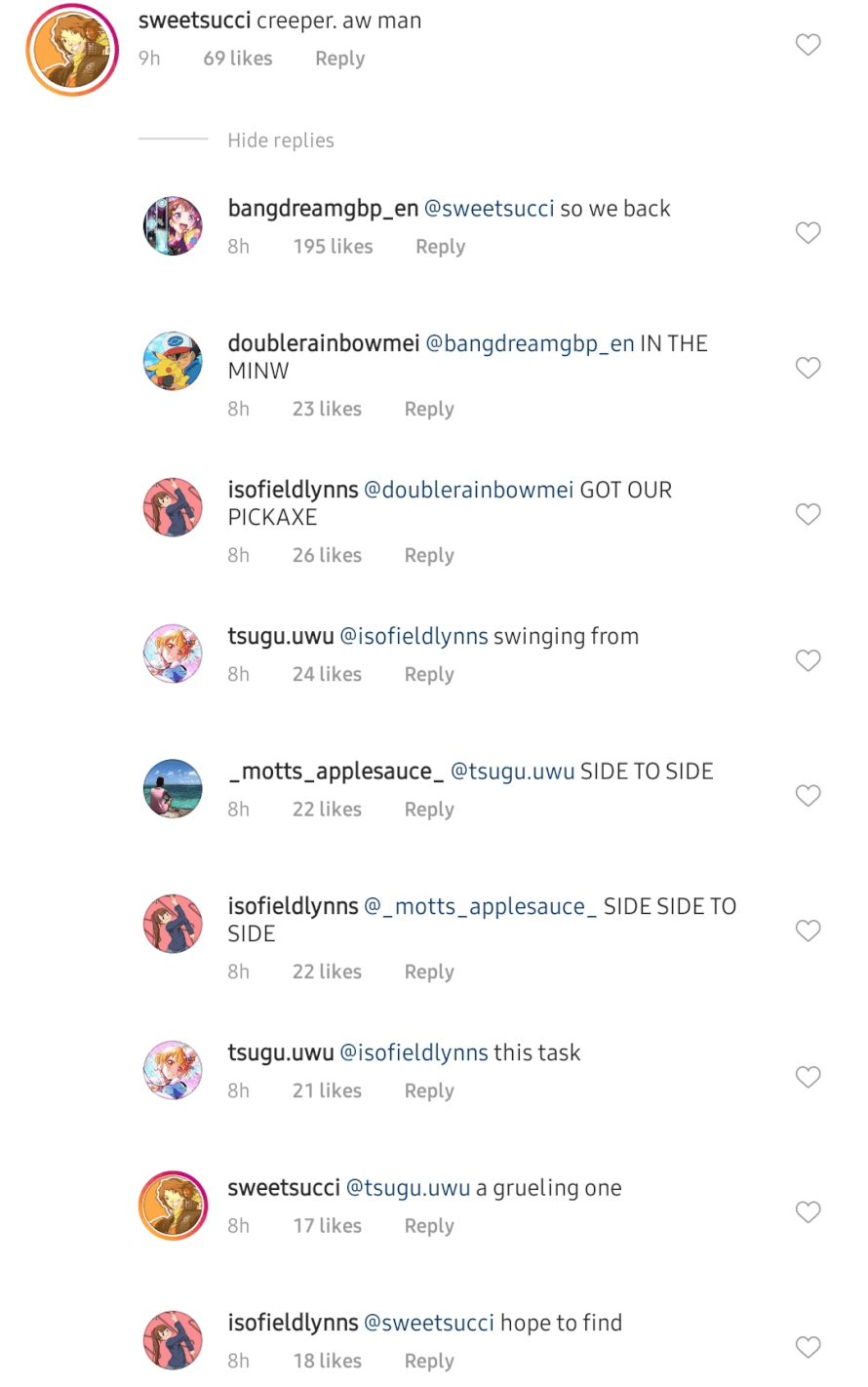 I KID YOU NOT, BANDORI'S OFFICIAL INSTAGFAM POSTED THIS GLORIOUS COMMENT. AND NO, THIS IS NOT A...