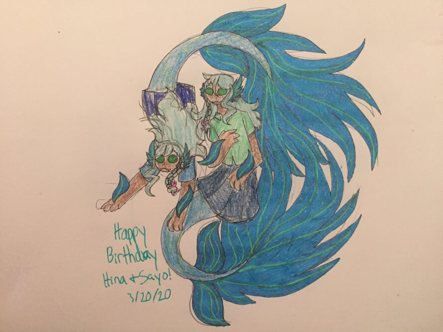 I drew some mermaid hikawas for their birthday I guess? I also just wanted to draw some mermaids...