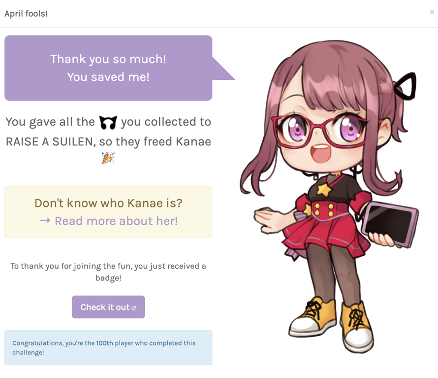 100th player to finish the april fool's challenge this year!