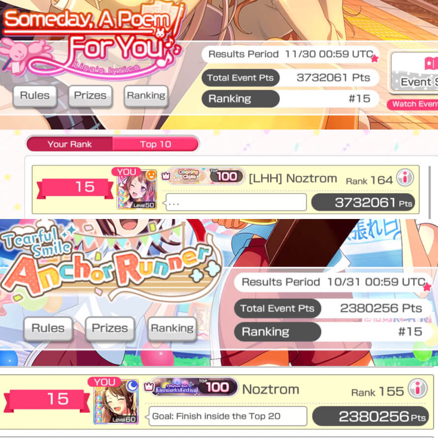  Part 1 

Before the New Season PoPiPa event started, these event rankings prior were my career best...