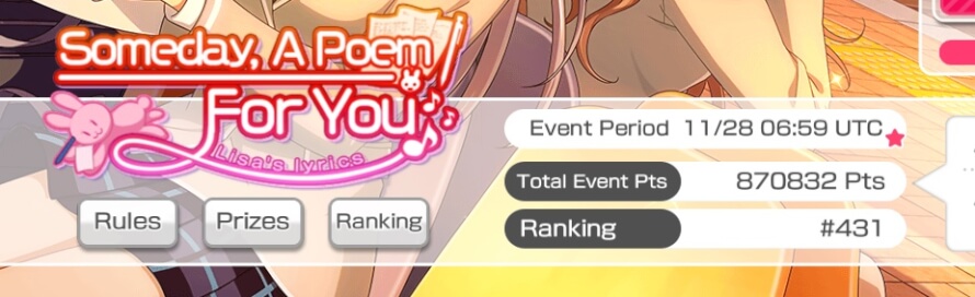 I might get top 1000 for this event after all! I'm super anxious about scouting for Arisa wheeeww is...