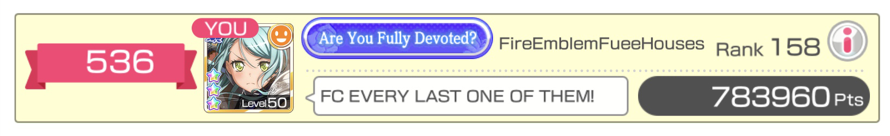 I got into the Top 1000! This is the highest I've ever ranked in an event, so I'm pretty proud ^^