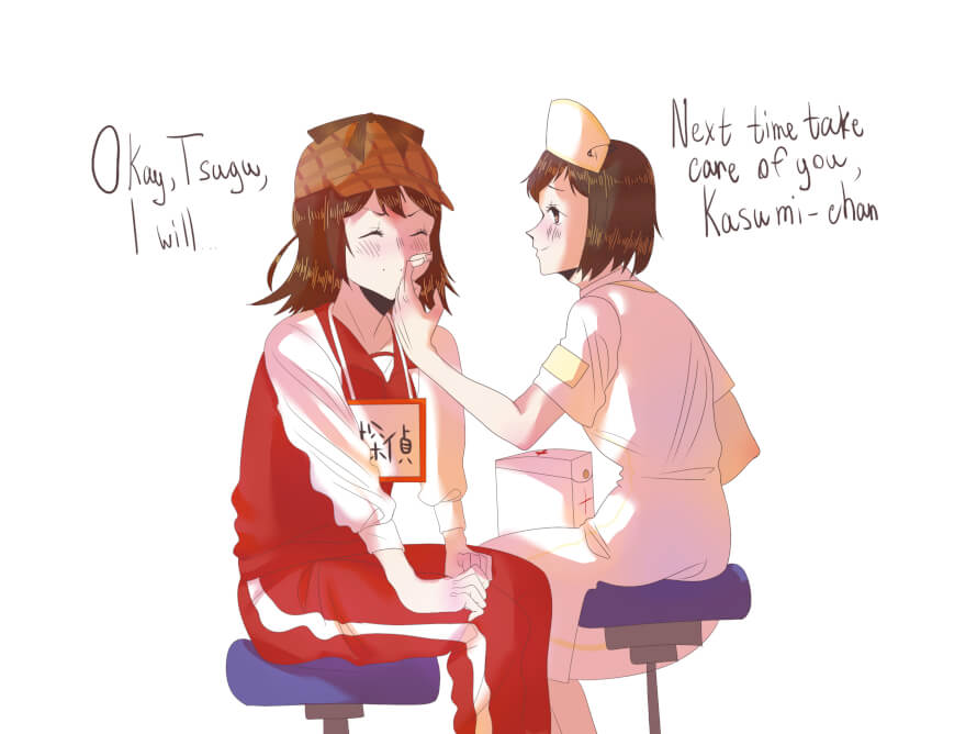 3 day: Treating wounds.
The 3rd random ship is Kasumi x Tsugu. I think it would be a cute ship 